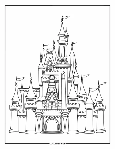 Coloriage de château pour enfants : Un château majestueux avec de grandes fenêtres, des bannières et un escalier en colimaçon se dresse, grand et fier