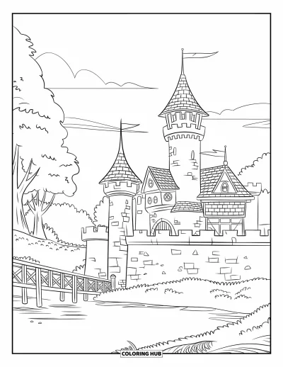 Coloriage de château pour enfants : Un château médiéval avec des tours et un pont en bois se dresse au bord d'une rivière tranquille