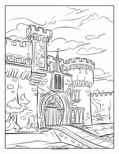 Coloriage de château pour enfants : Une forteresse médiévale avec des tours, des sculptures et un chemin caché attend de l'autre côté des douves