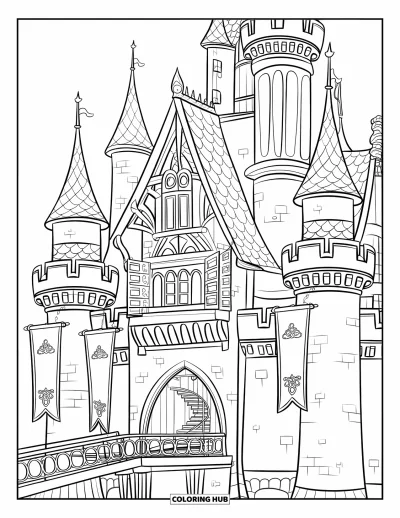 Coloriage de château pour enfants : Un puissant château avec des bannières et des tours se dresse à côté de douves calmes et d'un pont-levis