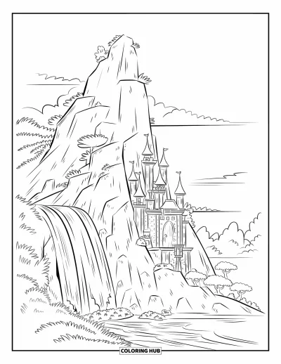 Coloriage de château pour enfants : Un château de montagne se trouve à côté d'une haute cascade et d'une végétation luxuriante