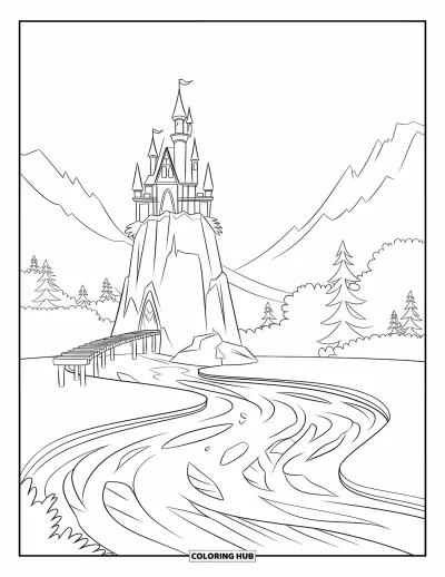 Coloriage de château pour enfants : Un château paisible sur un rocher surveille une rivière tourbillonnante et des arbres tranquilles
