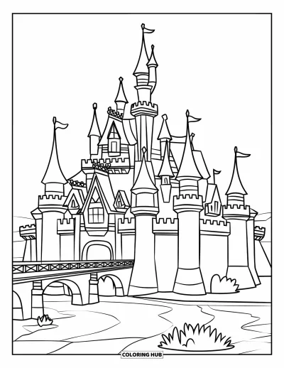 Coloriage de château pour enfants : Un château ludique avec des tours trapues et un pont sur la rivière est parfait pour les tout-petits