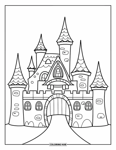 Coloriage de château pour enfants : Un château ludique avec des toits ondulés et un pont-levis joyeux apporte une énergie joyeuse