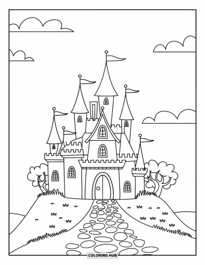 Coloriage de château pour enfants : Un château à tours pointues se trouve sur une colline avec des nuages au-dessus et des arbres autour