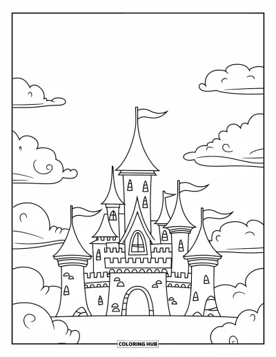 Coloriage de château pour enfants : Un château rond avec de hautes tours et des drapeaux flotte parmi des nuages doux et duveteux