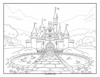 Coloriage de château pour enfants : Un château royal avec un étang et des fleurs borde le chemin menant à sa grande porte