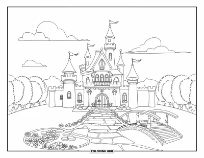 Coloriage de château pour enfants : Un château royal avec des drapeaux, un étang et un chemin de fleurs brille sous un ciel calme