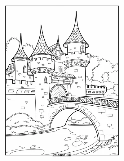 Coloriage de château pour enfants : Un château simple avec de grandes tours et une rivière tranquille accueille l'imagination des enfants d'âge préscolaire