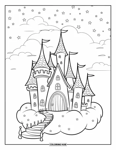 Coloriage de château pour enfants : Un château céleste avec des tours pointues se trouve sur un nuage entouré d'étoiles