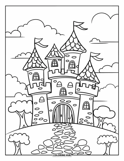Coloriage de château pour enfants : Un petit château au sommet d'une colline avec des arbres et un chemin de pierre a une ambiance chaleureuse et joyeuse