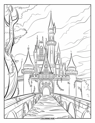 Coloriage de château pour enfants : Un château effrayant avec des tours couvertes de lierre se dresse de l'autre côté d'un pont de pierre usé par le temps