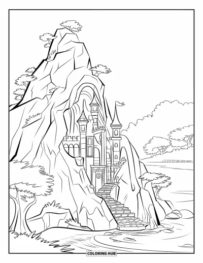 Coloriage de château pour enfants : Un château de pierre aux nombreuses tours s'accroche à une falaise près d'une cascade