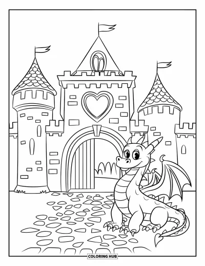 Coloriage de château pour enfants : Un château en pierre avec des tours et une fenêtre en forme de cœur se dresse à côté d'un gentil dragon