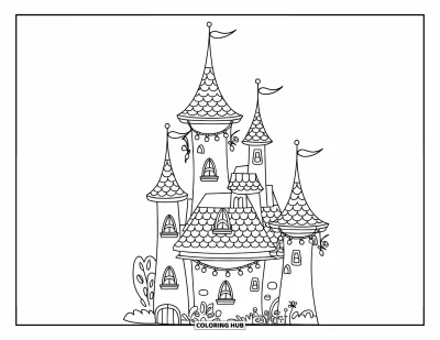 Coloriage de château pour enfants : Un joli petit château brille de lumières et d'un jardin à sa base