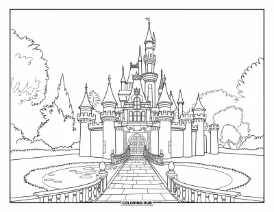 Coloriage de château pour enfants : Un haut château avec un étang devant et des fleurs le long du chemin semble invitant