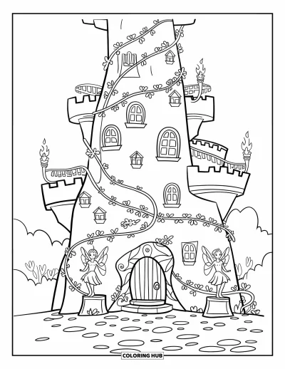 Coloriage de château pour enfants : Un haut château avec des vignes et des statues de fées se dresse fièrement sur un chemin de pierre