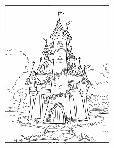 Coloriage de château pour enfants : Un haut château de fées avec des vignes sinueuses et de minuscules fenêtres repose au-delà des arbres