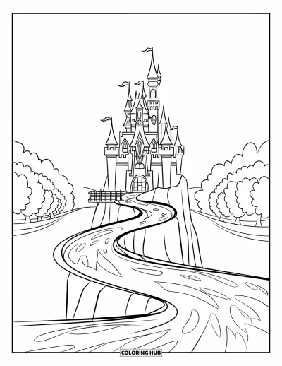Coloriage de château pour enfants : Un grand rocher abrite un château entouré d'une rivière sinueuse et d'un paysage paisible