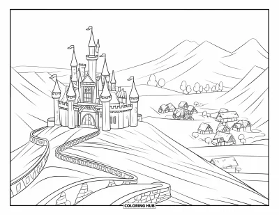Coloriage de château pour enfants : Un château imposant s'élève au-dessus d'un royaume tranquille de cottages et de montagnes
