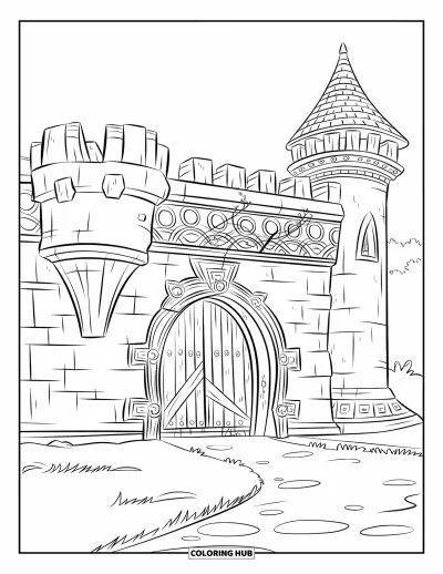 Coloriage de château pour enfants : Une imposante forteresse se dresse avec des portes en bois et une porte cachée dans la pierre