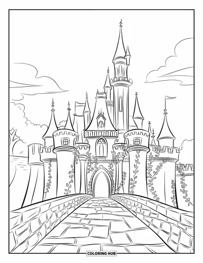 Coloriage de château pour enfants : Un imposant château gothique enveloppé de lierre attend au bout d'un pont de pierre