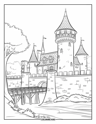 Coloriage de château pour enfants : Un château de guet s'élève près d'une rivière, d'arbres et d'un ciel paisible