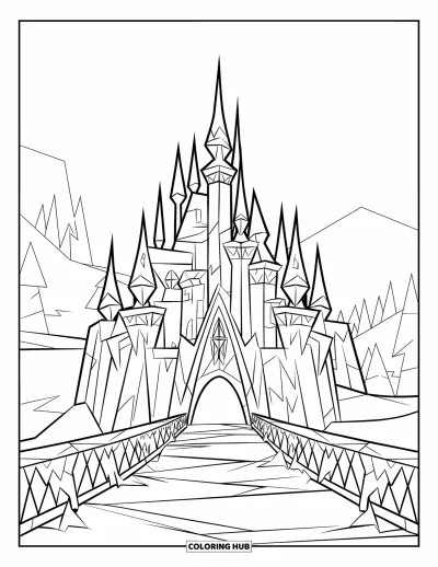 Coloriage de château pour enfants : Un château glacé avec des tours pointues et un pont enneigé repose dans un pays gelé