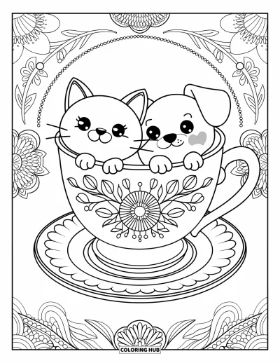 Cat And Dog Coloring Page for Adults: A big teacup holds two cozy pets surrounded by floral patterns