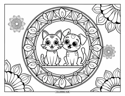 Cat And Dog Coloring Page for Adults: A calm moment as the cat and dog sit in a floral mandala ring