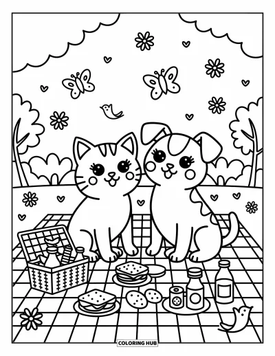 Cat And Dog Coloring Page for Adults: A cheerful picnic scene with floating flowers and happy little snacks