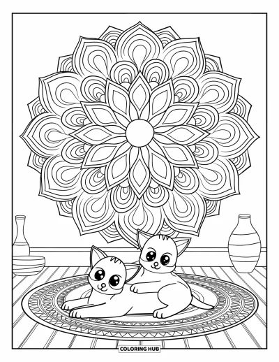 Cat And Dog Coloring Page for Adults: A cozy mandala rug cradles two peaceful pets