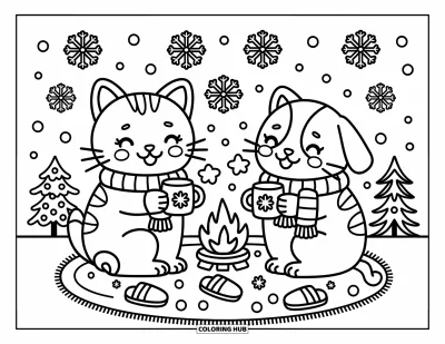 Cat And Dog Coloring Page for Adults: A cozy winter scene with mugs, scarves, and fluffy friendship