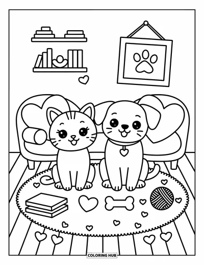 Cat And Dog Coloring Page for Adults: A peaceful living room filled with soft pillows and best friend cuddles