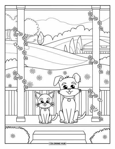 Cat And Dog Coloring Page for Adults: A peaceful porch view with furry friends and soft greenery