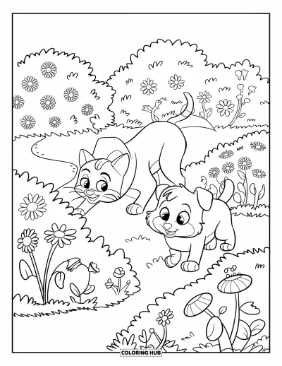 Cat And Dog Coloring Page for Adults: A peaceful walk through a blooming garden for the cat and dog