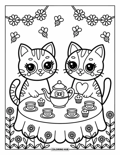 Cat And Dog Coloring Page for Adults: A playful garden tea party with flowers, bees, and cheerful pets