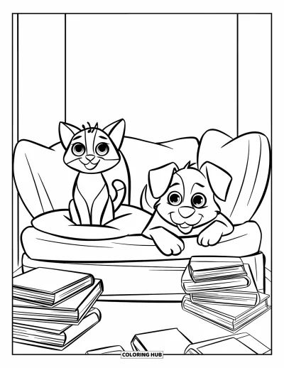 Cat And Dog Coloring Page for Adults: A quiet reading nook where the cat and dog enjoy soft books and pillows