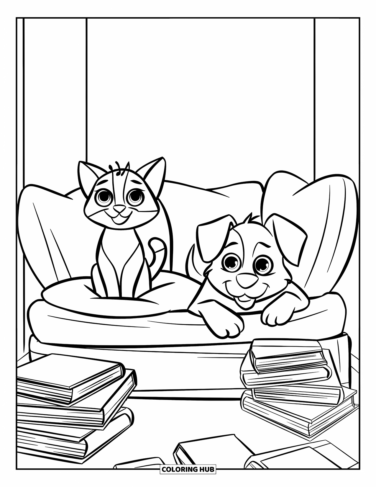 Katten- en hondenkleurplaat voor volwassenen: Een rustige leeshoek waar de kat en hond genieten van zachte boeken en kussens