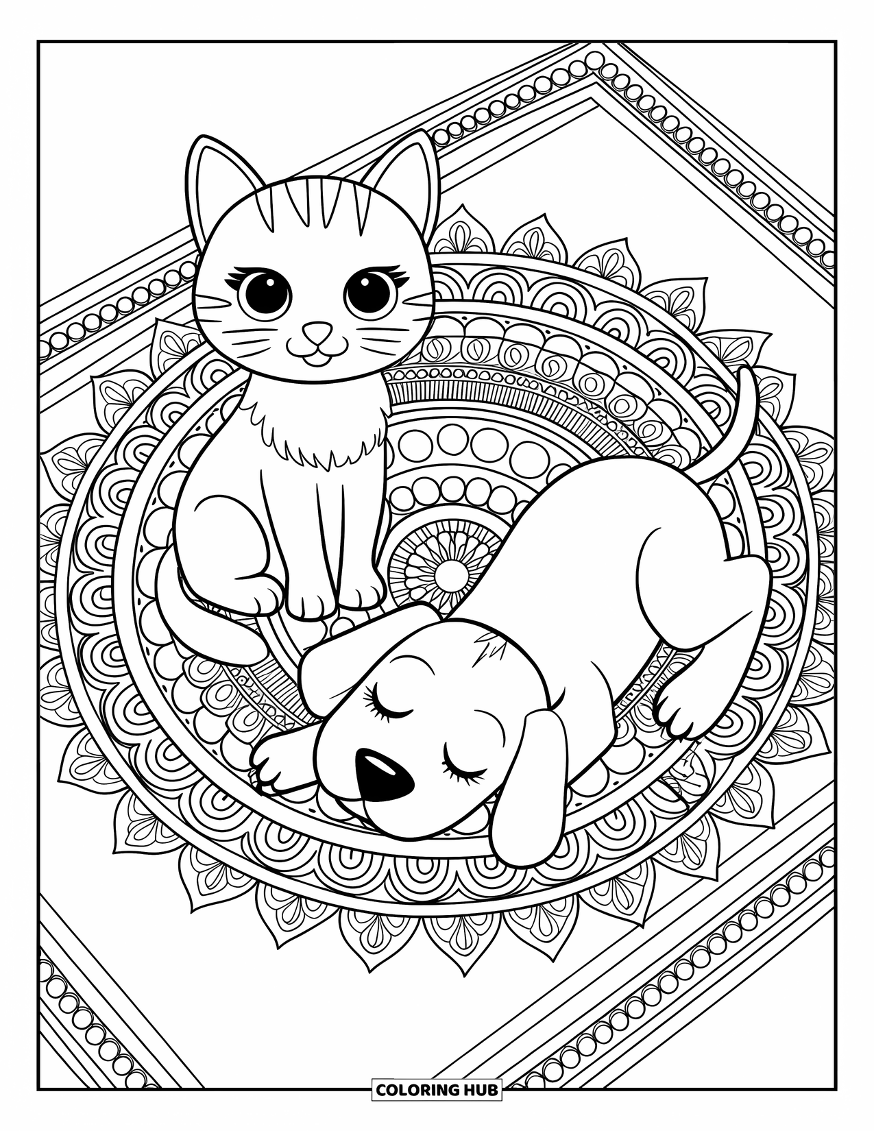 Katten- en hondenkleurplaat voor volwassenen: Een zacht kleed met spiralen en bloemen omhelst de slaperige kat en hond