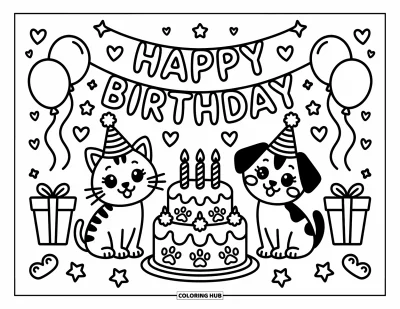 Cat And Dog Coloring Page for Adults: A sweet birthday moment with cake, streamers, and smiling furry friends