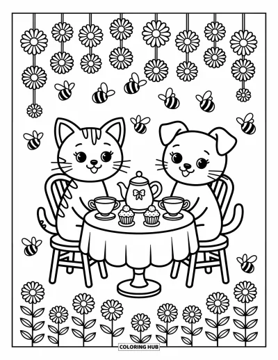 Cat And Dog Coloring Page for Adults: A tea party in the garden with cupcakes and flower garlands
