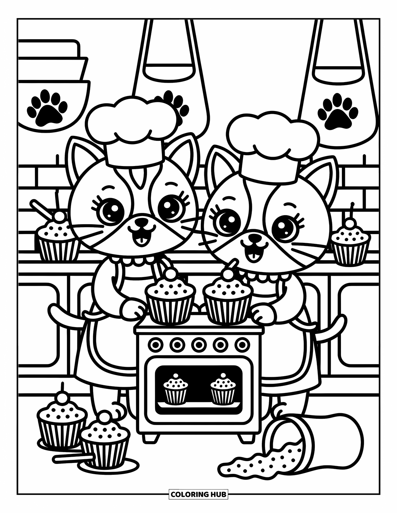 Katten- en hondenkleurplaat voor volwassenen: Een kleine keuken vol met cupcakes, koksmutsen en lieve chaos