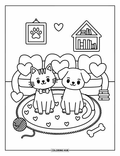 Cat And Dog Coloring Page for Adults: Books, yarn, and cozy vibes with a cat and dog in the living room