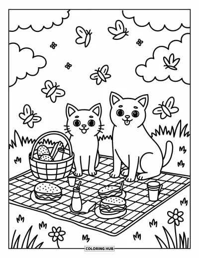 Cat And Dog Coloring Page for Adults: Butterflies flutter as the cat and dog share treats in the park