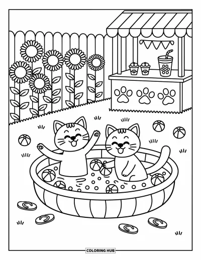 Cat And Dog Coloring Page for Adults: Flip-flops, lemonade, and big splashes with happy furry friends