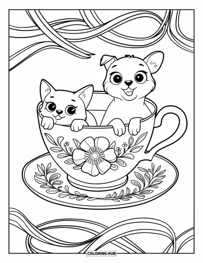 Cat And Dog Coloring Page for Adults: Floral patterns surround a teacup cuddle between a cat and dog