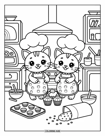 Cat And Dog Coloring Page for Adults: Flour flies as the cat and dog bake treats side by side