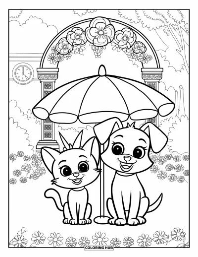 Cat And Dog Coloring Page for Adults: Garden blooms and soft shade surround the cat and dog
