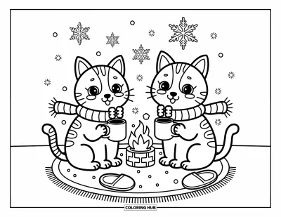 Cat And Dog Coloring Page for Adults: Hot drinks and winter coziness with a cat, a dog, and twinkling decor
